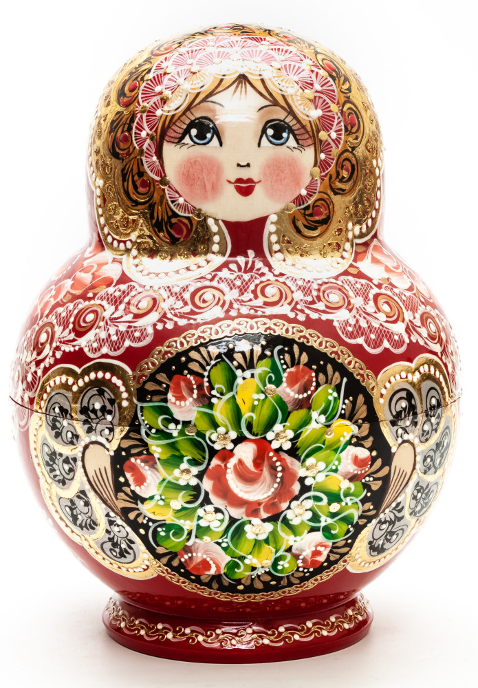 190 mm Red Russian Patterns hand painted Wooden Matryoshka 20 pcs (by Elena Kudryashova)