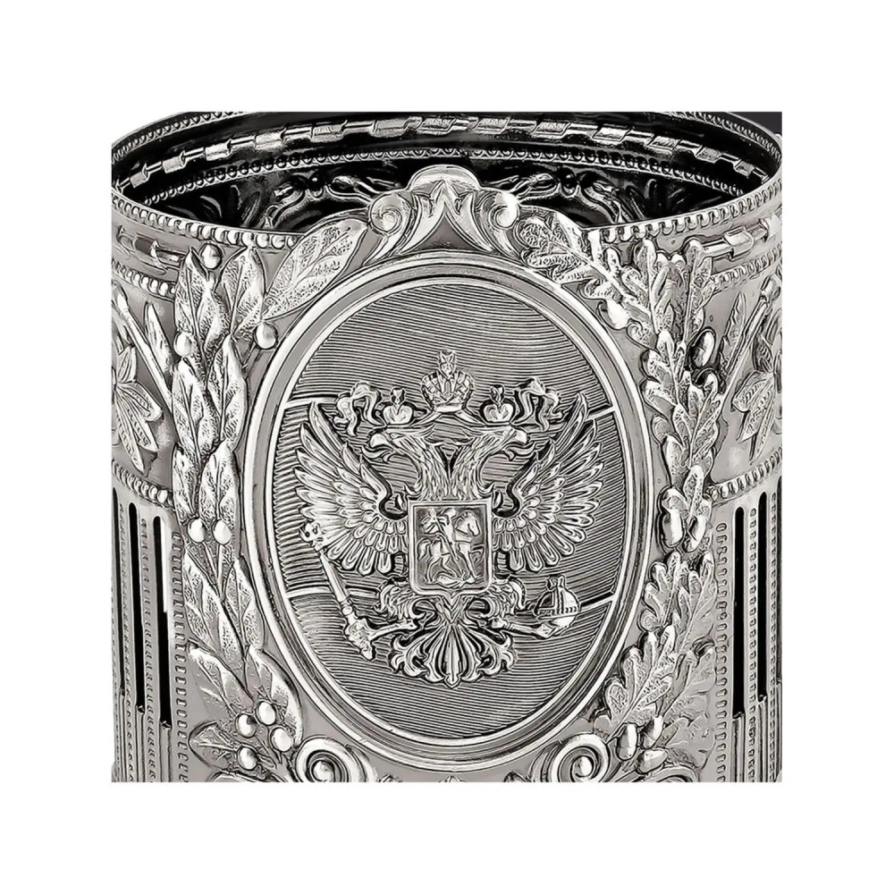 Coat of arms of the Russian Federation nickel plated tea glass holder with crystal glass