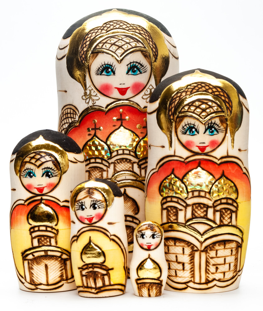 170 mm Moscow Cathedral Burnt Wood Matryoshka Doll 5 pcs inside (by Tabrik Studio)