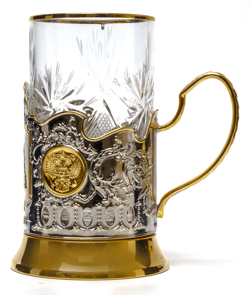 Saint Basil Cathedral Gold Plated Brass Tea Glass Holder with Crystal Glass and Gold Plated Tea Spoon (by Kolchugino)