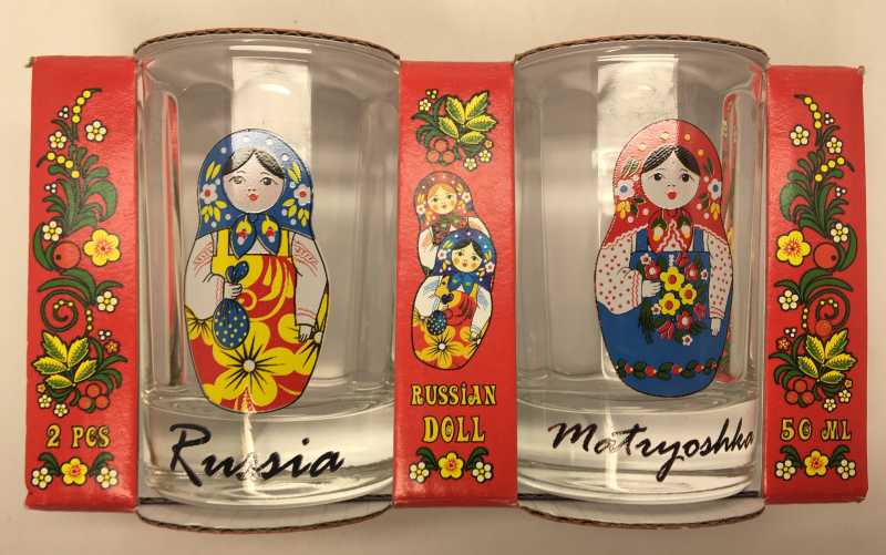 50 ml Russian Matryoshka Decal Faceted Shot Glass set of 2 pcs (by AKM Gifts)