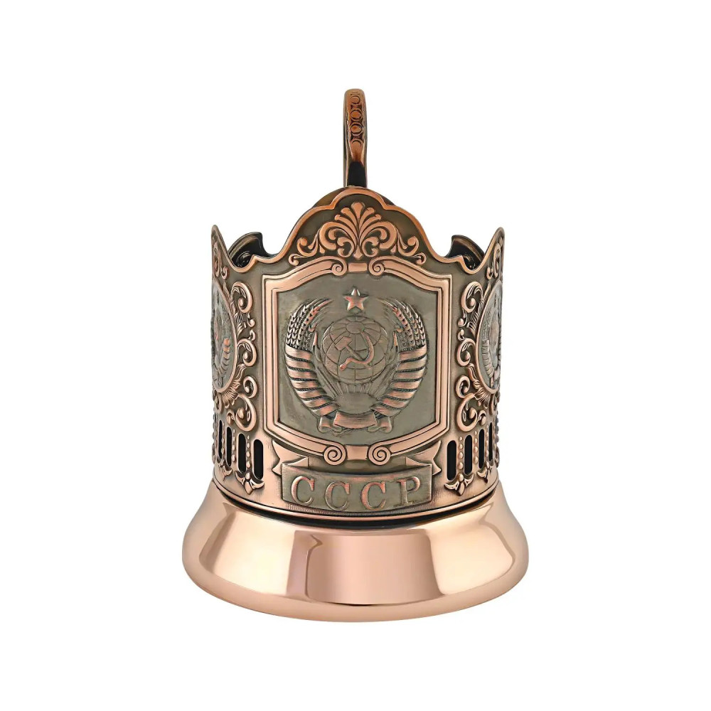 USSR coat of arms copper glass holder with crystal glass
