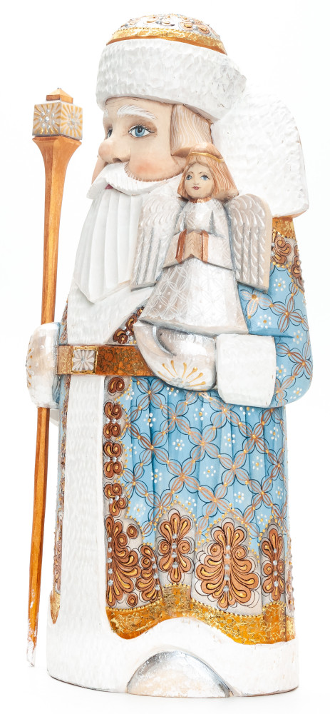 260 mm Santa with a Bag and an Angel Carved Wood Hand Painted Collectible Figurine (by Natalia Nikitina Workshop)