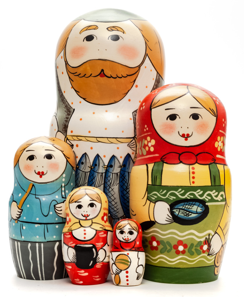 160 mm Fisherman hand painted Traditional Russian Wooden Matryoshka doll 5 pcs (by Sergey Malyutin)