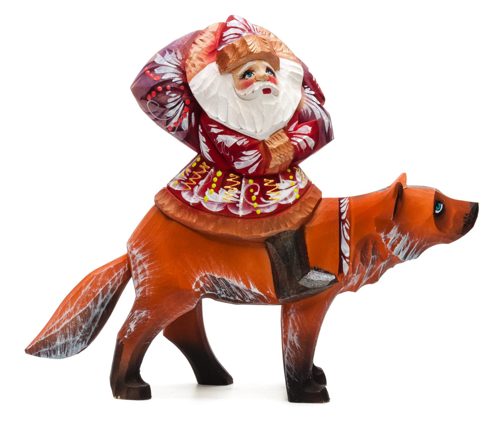 180 mm Santa with a Bag riding a Fox Carved Wood Hand Painted Collectible Figurine (by Igor Carved Wooden Figures Studio)