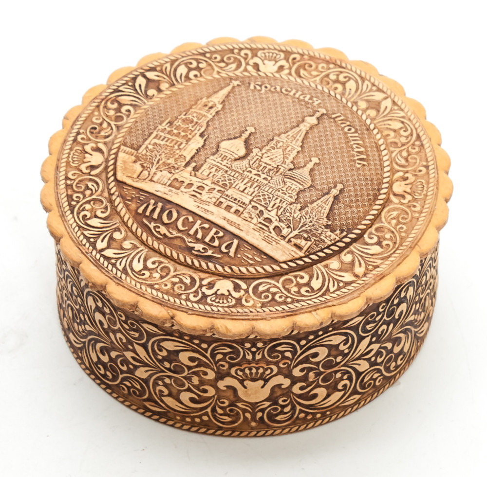  d 70 mm Red Square hand made Birchbark Jewelry Box (by Maxim Birch)