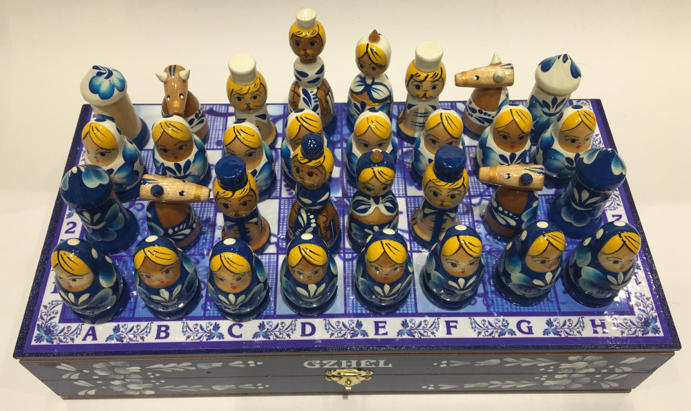 Wooden Chess Board with Gzhel Art Hand Painted Chess Pieces