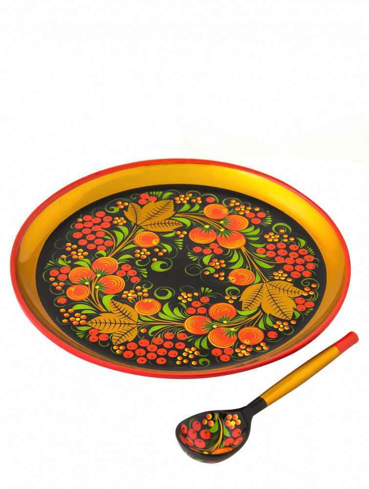 100 mm Khokhloma hand painted woode Sauce Bowl with lid and spoon on a round Tray (by Golden Khokhloma)