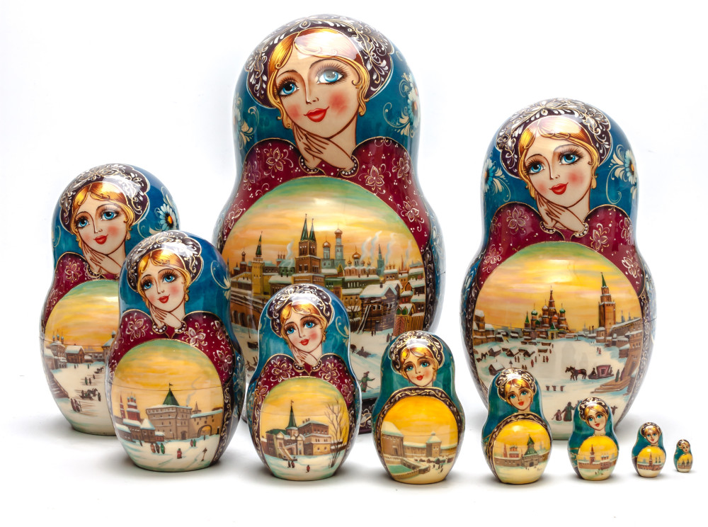 240 mm Moscow Kremlin handpainted Wooden Matryoshka round Doll 10 pcs (by Valery Crafts)