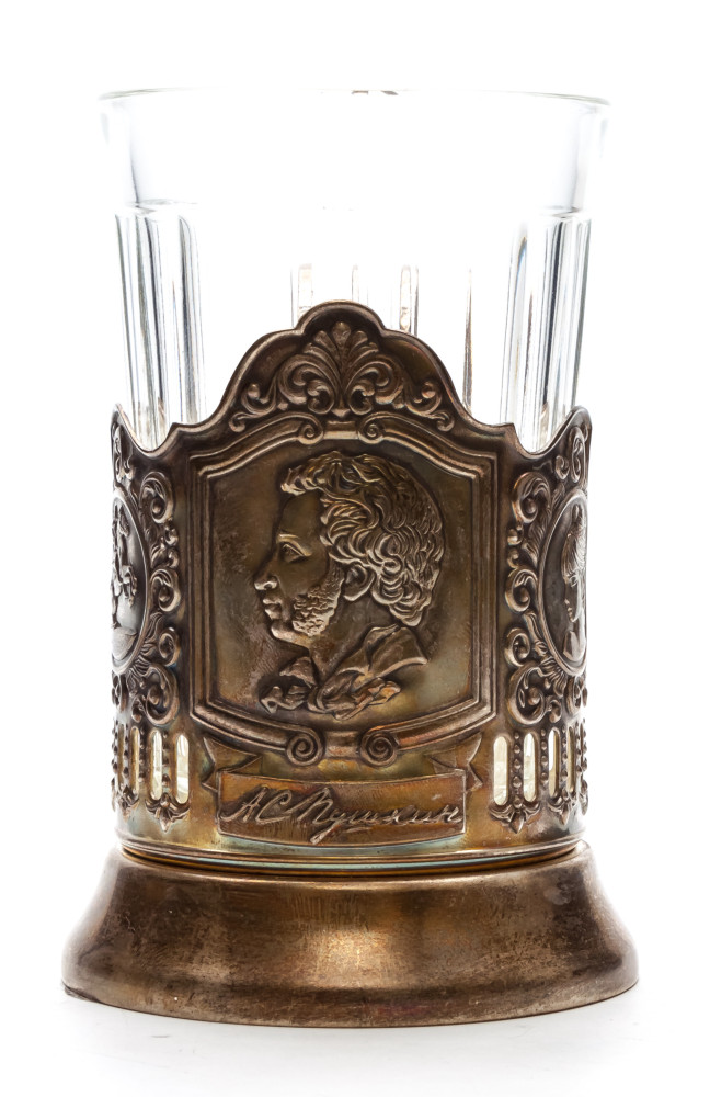 Pushkin Silver Plated Brass Tea Glass Holder with Faceted Glass (by Kolchugino)