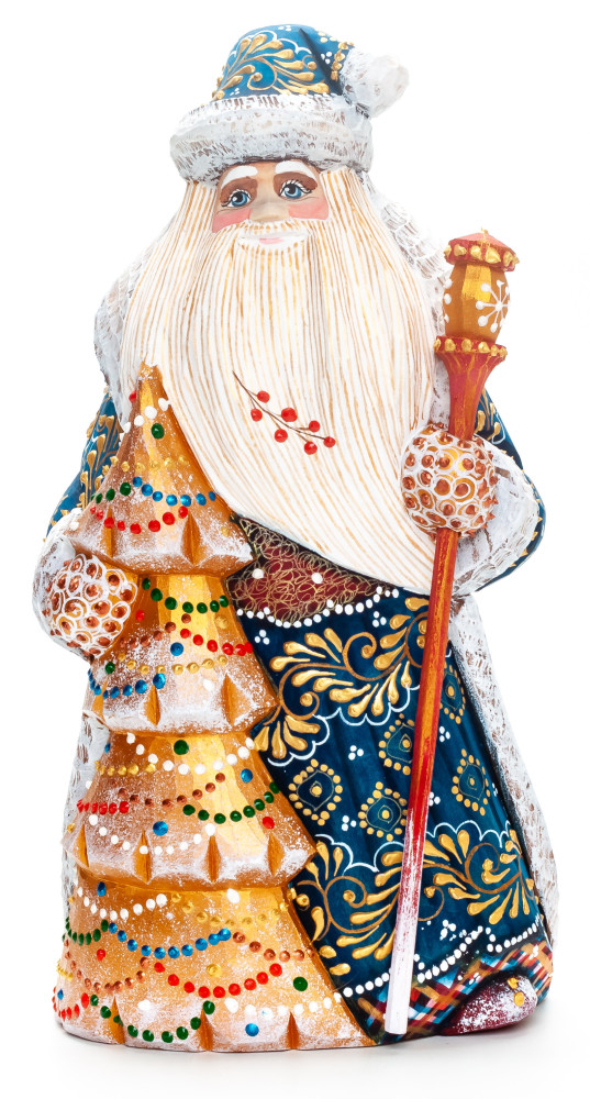 240 mm Santa with a Magic Staff and a Green Christmas Tree Carved Wood Hand Painted Collectible Figurine (by Natalia Nikitina Workshop)