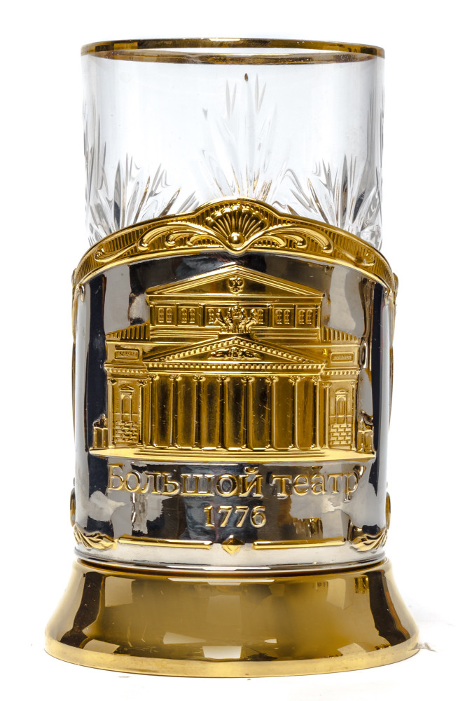 The Bolshoi Theatre Gold Plated Brass Tea Glass Holder with Crystal Glass and Gold Plated Tea Spoon (by Kolchugino)