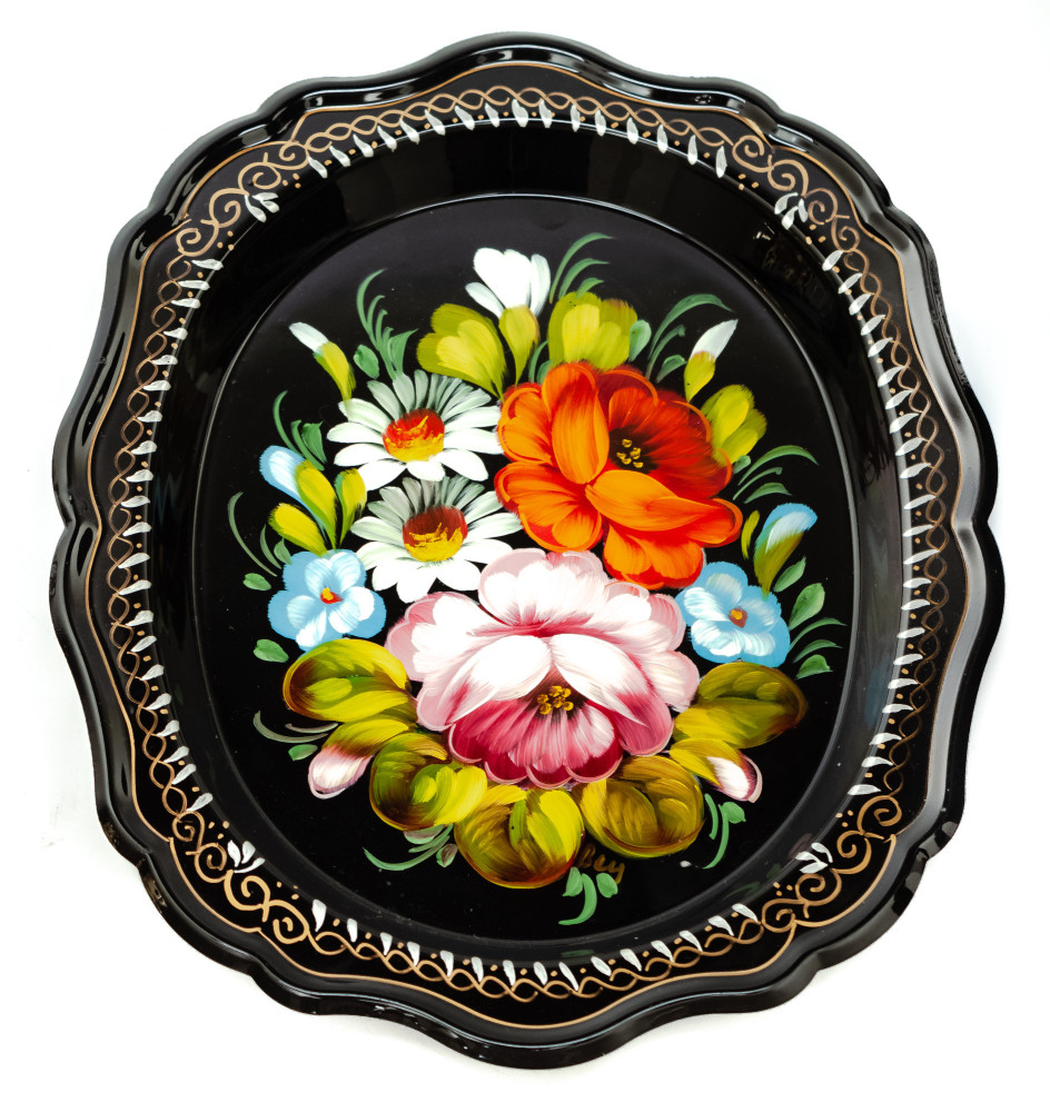 170x210 mm Zhostovo Patterns hand painted and lacquered Metal Forged Black Tray (by Lada Crafts)