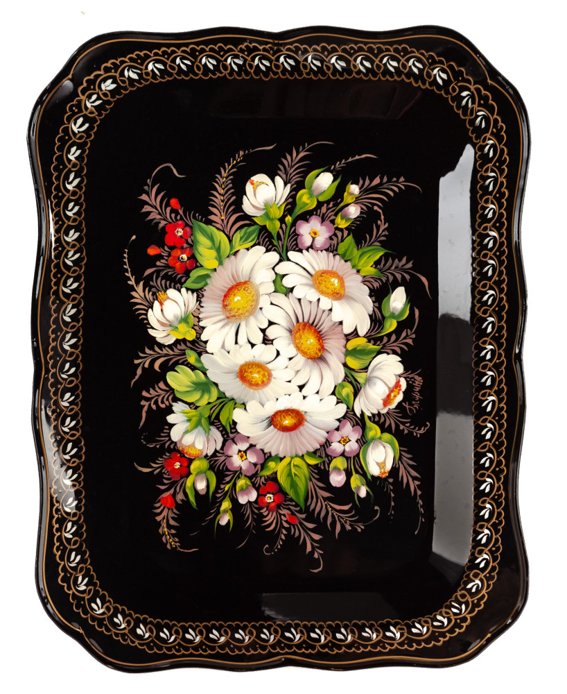 250x330 mm Zhostovo Patterns hand painted and lacquered by Golovina Metal Forged Tray (by Lada Crafts)