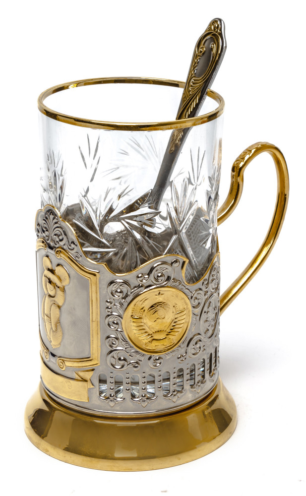 The Moscow Olympic 1980 Bear Gold Plated Brass Tea Glass Holder with Crystal Glass and Gold Plated Tea Spoon (by Kolchugino)