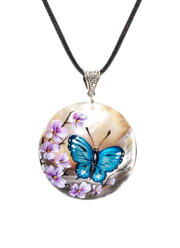  d50 mm Butterfly on a Flower hand painted Nacre Pendant (by Tatiana Shkatulka Crafts)