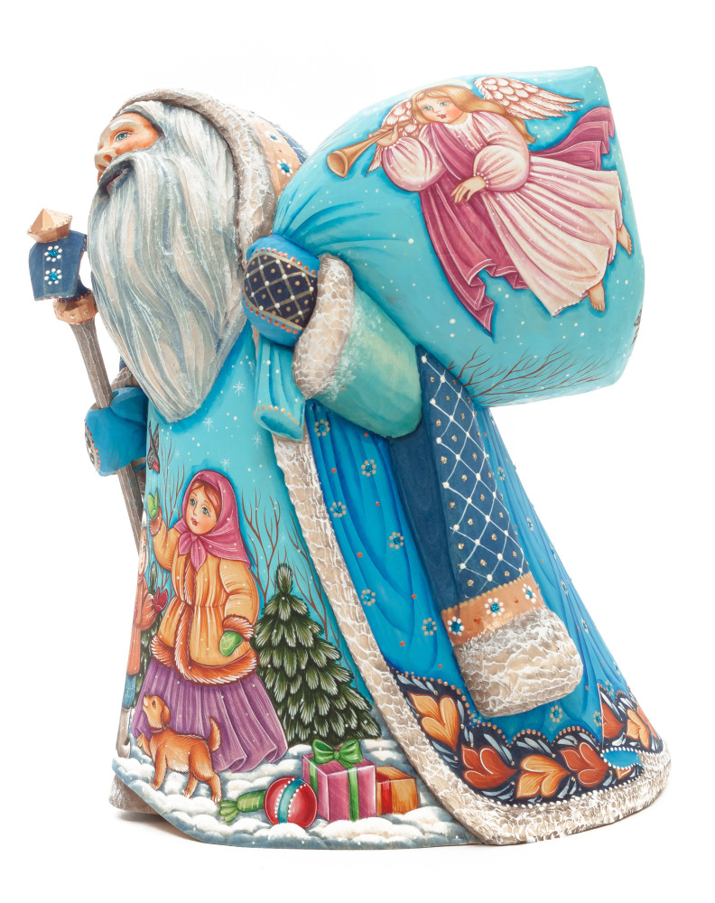 220 mm Santa with a Magic Staff and a Bag with hand painted Kids playing with a Bullfinch Carved Wood Collectible Figurine (by Sergey Christmas Workshop)