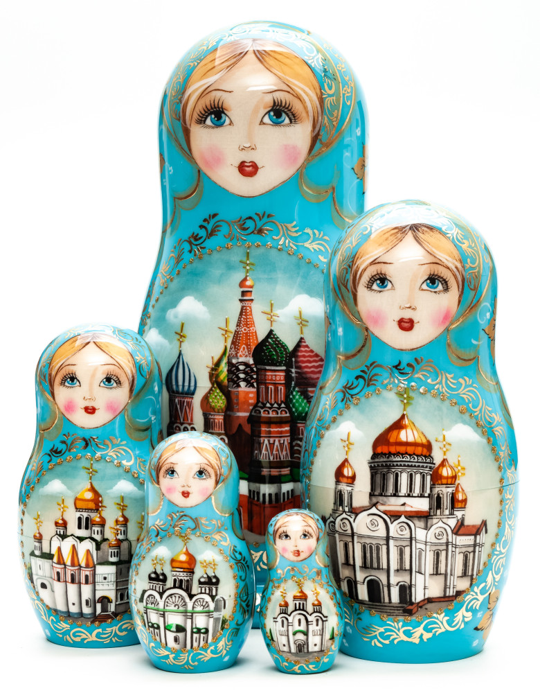200 mm Moscow Snt Basil Cathedral hand painted wooden Matryoshka doll 5 pcs (by A Studio)