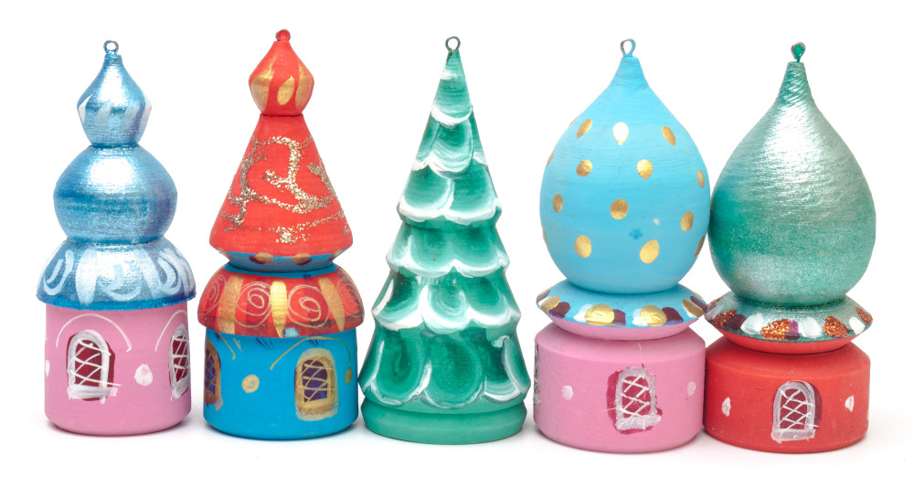 Russian Domes Hand Painted and Carved Christams Tree Wooden Ornaments set of 5 pcs (by Anatoly Christmas Crafts)
