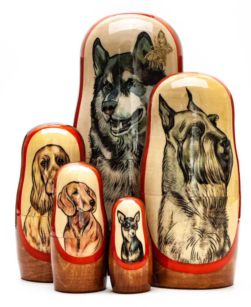 180mm Dog hand painted on wooden Matryoshka doll 5 pcs (by Alexander Famous Paintings Studio)