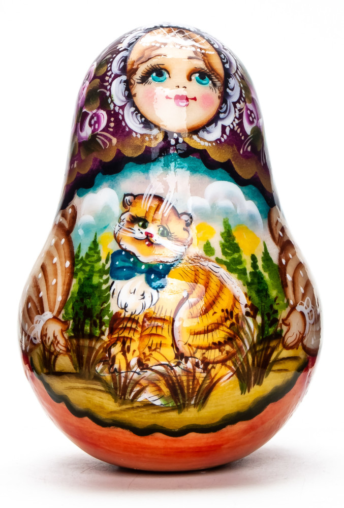 100mm Russian Doll with handpainted Girl with a Cat with a Bow Roly-poly Toy