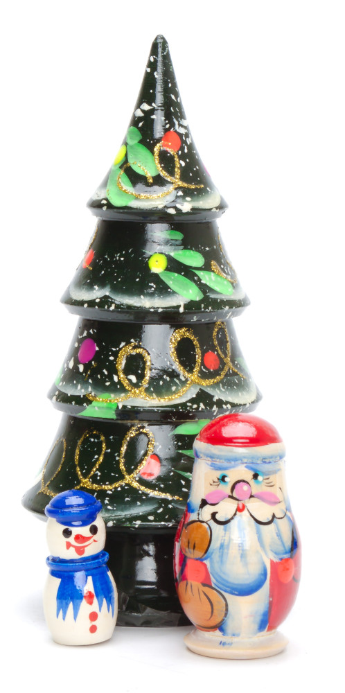 140 mm Christmas Wooden Green Tree with Hand Painted Garlands and Decorations