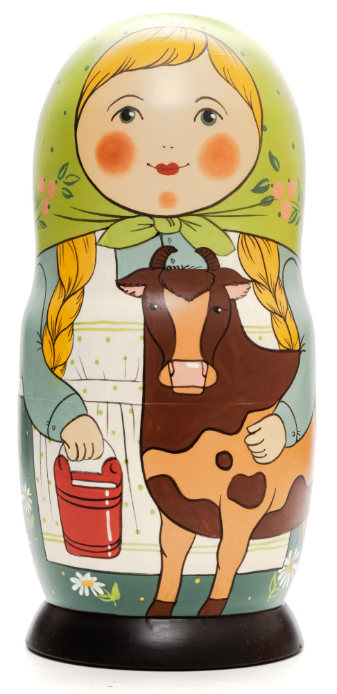 230mm Mistress with Cow hand painted Traditional Russian Wooden Matryoshka doll 7 pcs (by Igor Malyutin)