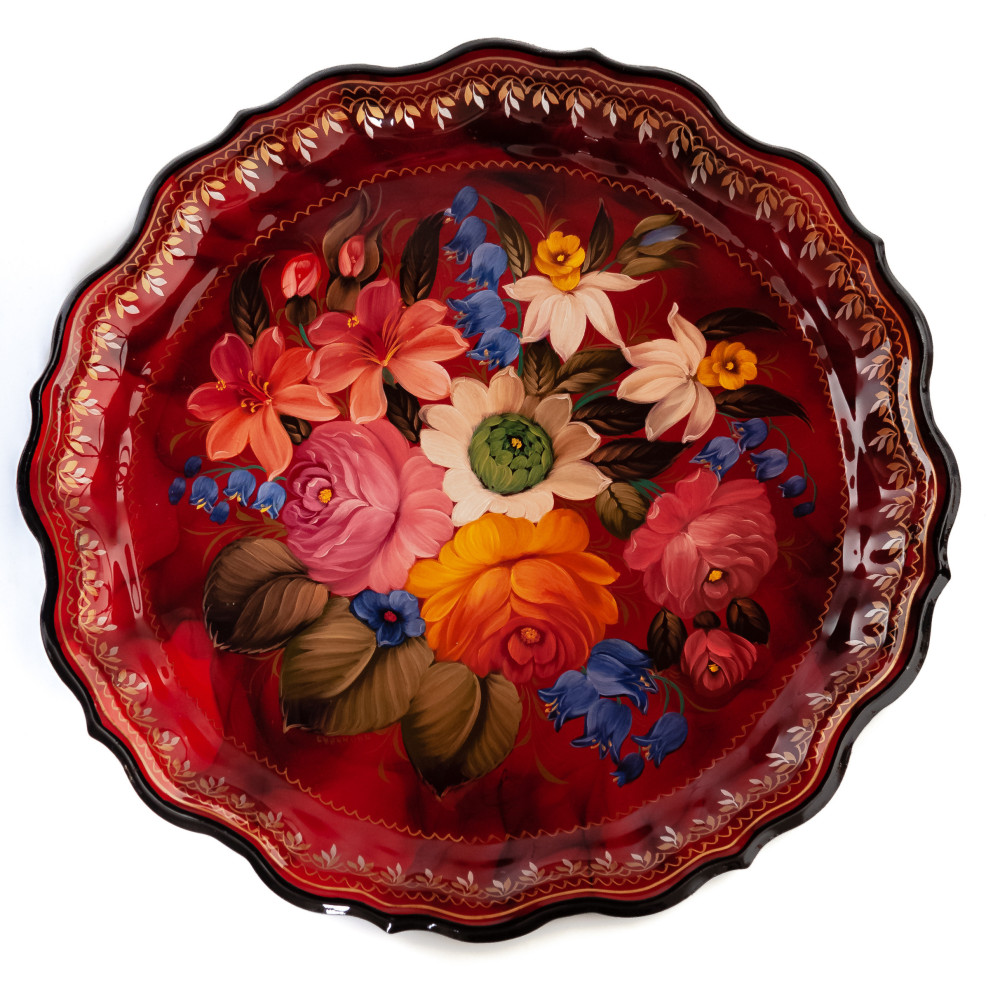 d 370 mm Zhostovo Patterns hand painted and lacquered by Kudinova Metal Forged Tray (by Lada Crafts)