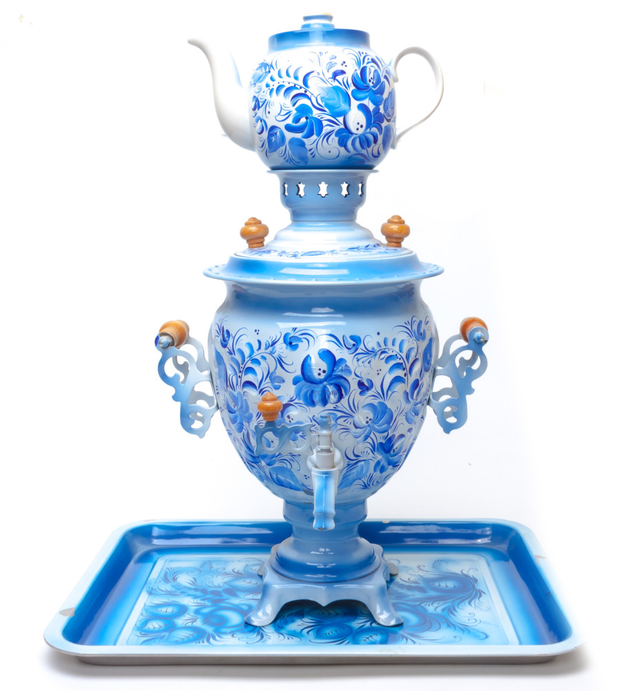 Gzhel Hand Painted Electric Samovar Kettle with Teapot and Tray