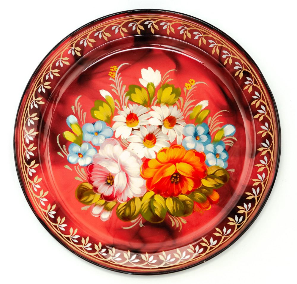 d 230 mm Zhostovo Patterns hand painted and lacquered Metal Forged Red Tray (by Lada Crafts)