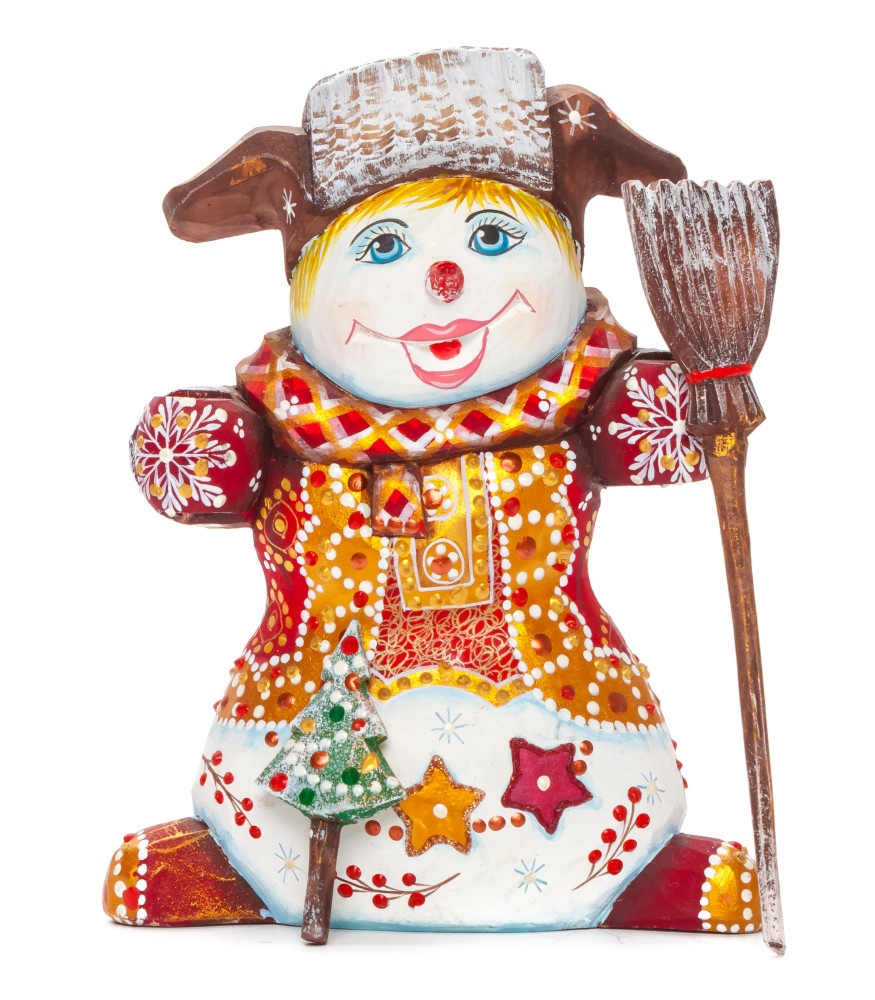 160 mm Snowman with a Broom and a Green Christmas Tree on wooden Figurine (by Natalia Nikitina Workshop)
