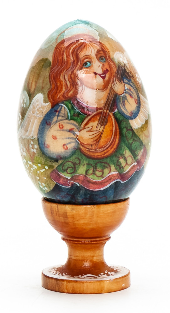 100mm Angel with a Lute handpainted wooden Egg with standby (by Andrey Christams Ornaments Studio)