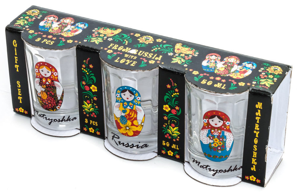 50 ml Russian Matryoshka Decal Faceted Shot Glass set of 3 pcs (by AKM Gifts)