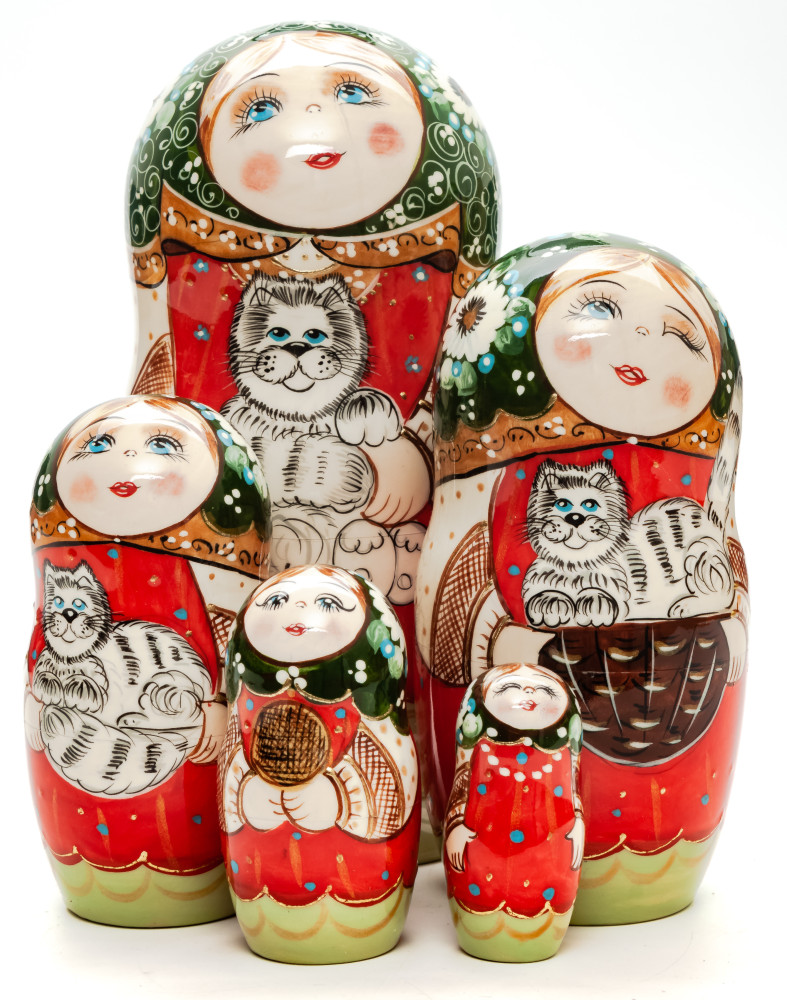 170 mm Russian Girl in Traditional Dress plays with Kitten hand painted wooden Matryoshka doll 5 pcs (by A Studio)