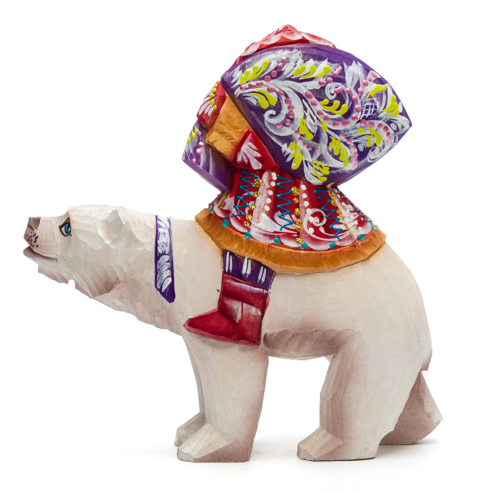 180 mm Santa with a Bag riding a Bear Carved Wood Hand Painted Collectible Figurine (by Igor Carved Wooden Figures Studio)