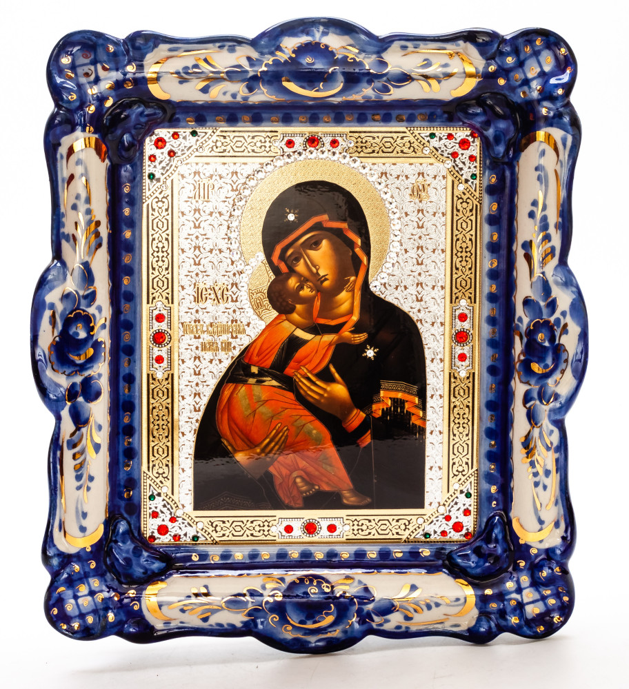 190x220mm Vladimirskaya God Mother Icon Gzhel (by Marina Gzhel Workshop)