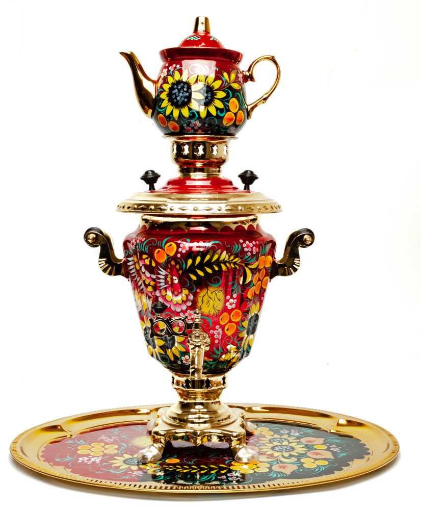 Firebird and Sunflower hand painted Electric Samovar Kettle with Teapot and Tray