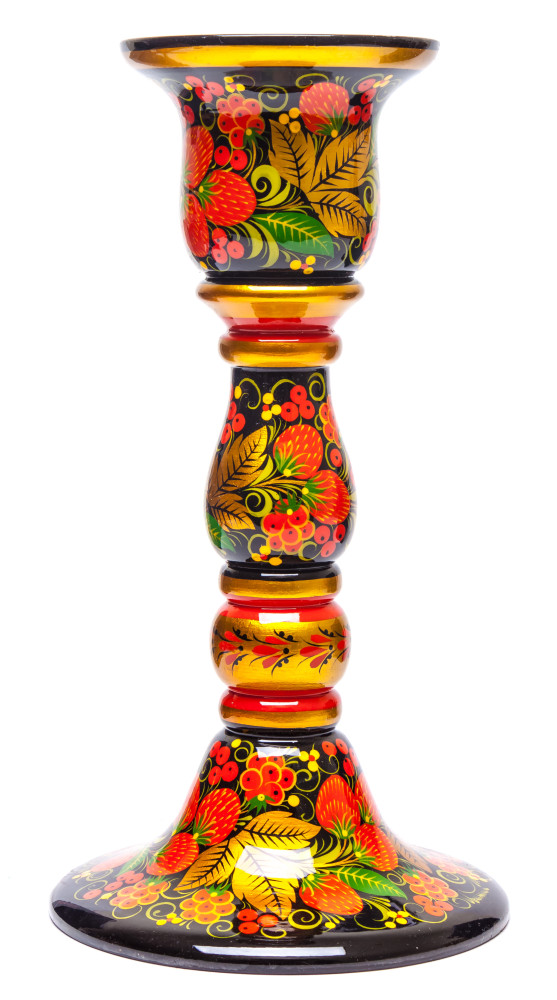 230x120 Strawberries Khokhloma handpainted Ornament on Carved Wooden Candlestick Holder (by Golden Khokhloma)