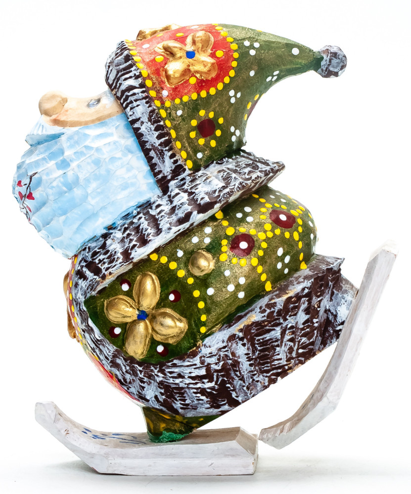 130 mm Santa Riding the Skates Carved Wood Hand Painted Collectible Figurine  (by Natalia Nikitina Workshop)