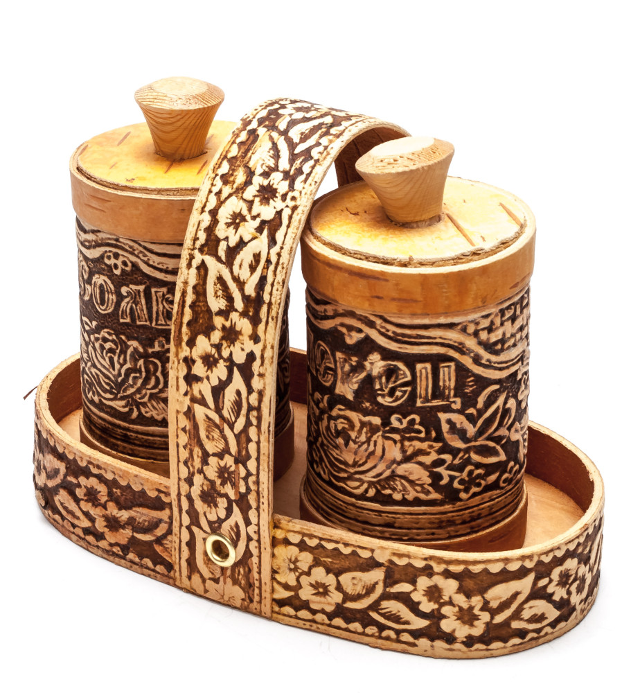 140x75 mm Salt and Pepper hand made birch Set with Tray (by Maxim Birch)