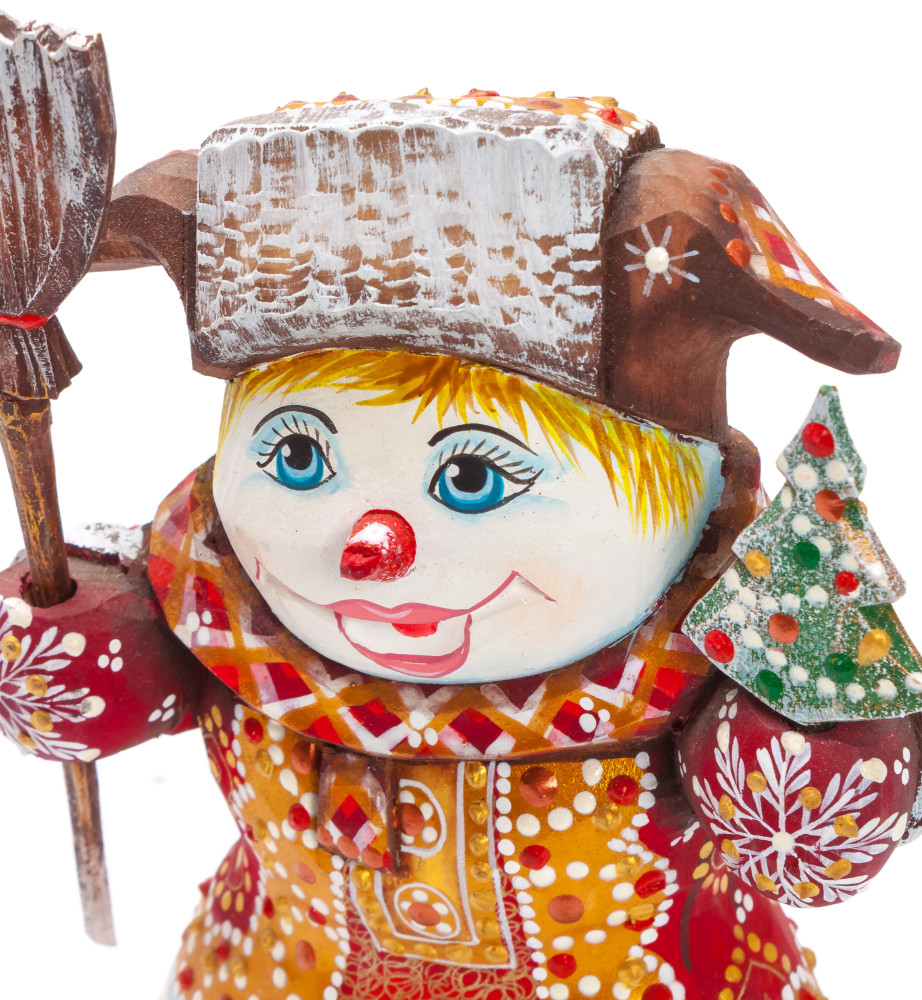 160 mm Snowman with a Broom and a Green Christmas Tree on wooden Figurine (by Natalia Nikitina Workshop)