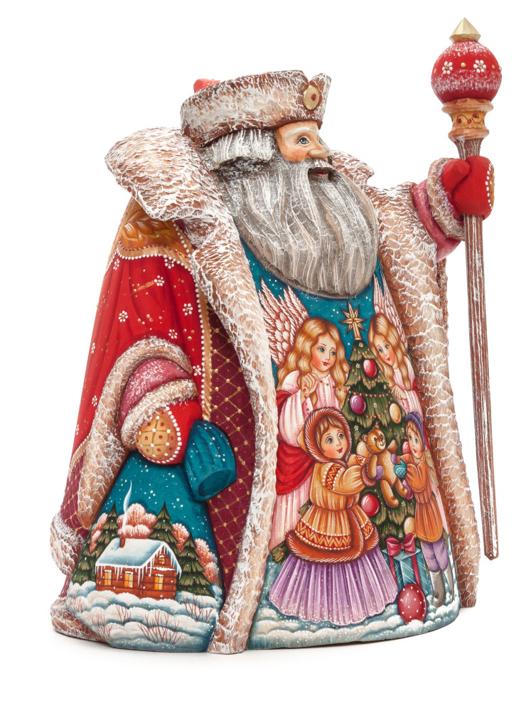 240 mm Santa with a Magic Staff and a Bag with hand painted Kids playing at the Green Christmas Tree Carved Wood Collectible Figurine (by Sergey Christmas Workshop)
