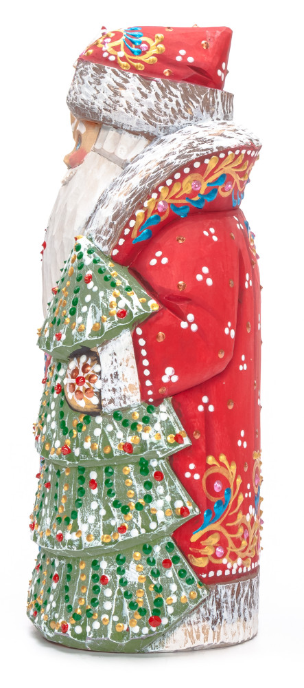 200 mm Santa with a Magic Staff and a Green Christmas Tree Carved Wood Hand Painted Collectible Figurine (by Natalia Nikitina Workshop)