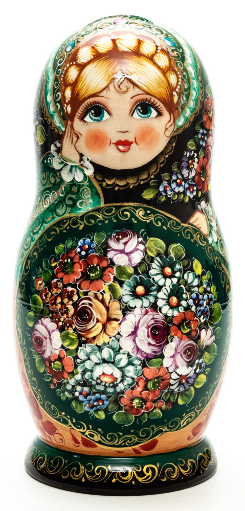 240 mm Zhostovo Patterns hand painted wooden Russian Matryoshka doll 5 pcs (by Olga Collection)