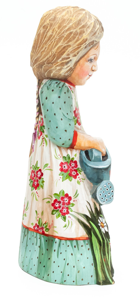 200 mm Girl with a Watering Can hand painted Wooden Statue (by Karpova Nadezda)