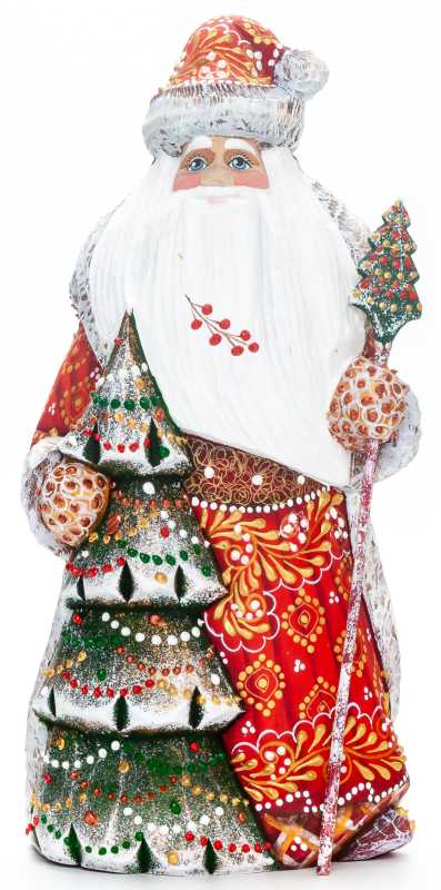 240 mm Santa Claus with a Green Christmas Tree and a Magic Staff Carved Wood Hand Painted Collectible Figurine  (by Natalia Nikitina Workshop)