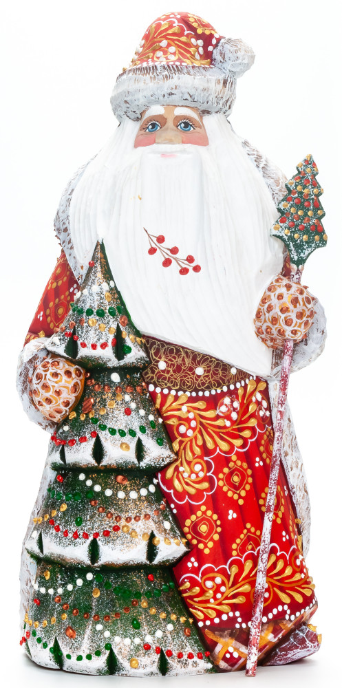 240 mm Santa Claus with a Green Christmas Tree and a Magic Staff Carved Wood Hand Painted Collectible Figurine  (by Natalia Nikitina Workshop)
