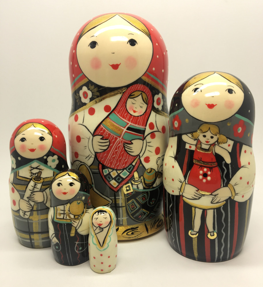 180 mm Russian Girl plays with baby Girl hand painted wooden Matryoshka doll 5 pcs (by A Studio)