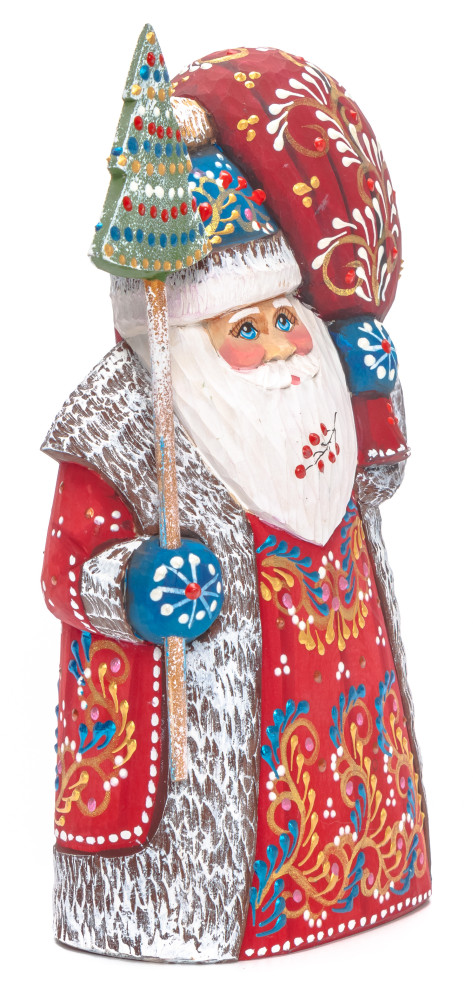 190 mm Santa with a Magic Staff and a Bag Carved Wood Hand Painted Collectible Figurine (by Natalia Nikitina Workshop)