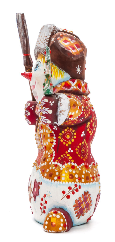 160 mm Snowman with a Broom and a Green Christmas Tree on wooden Figurine (by Natalia Nikitina Workshop)